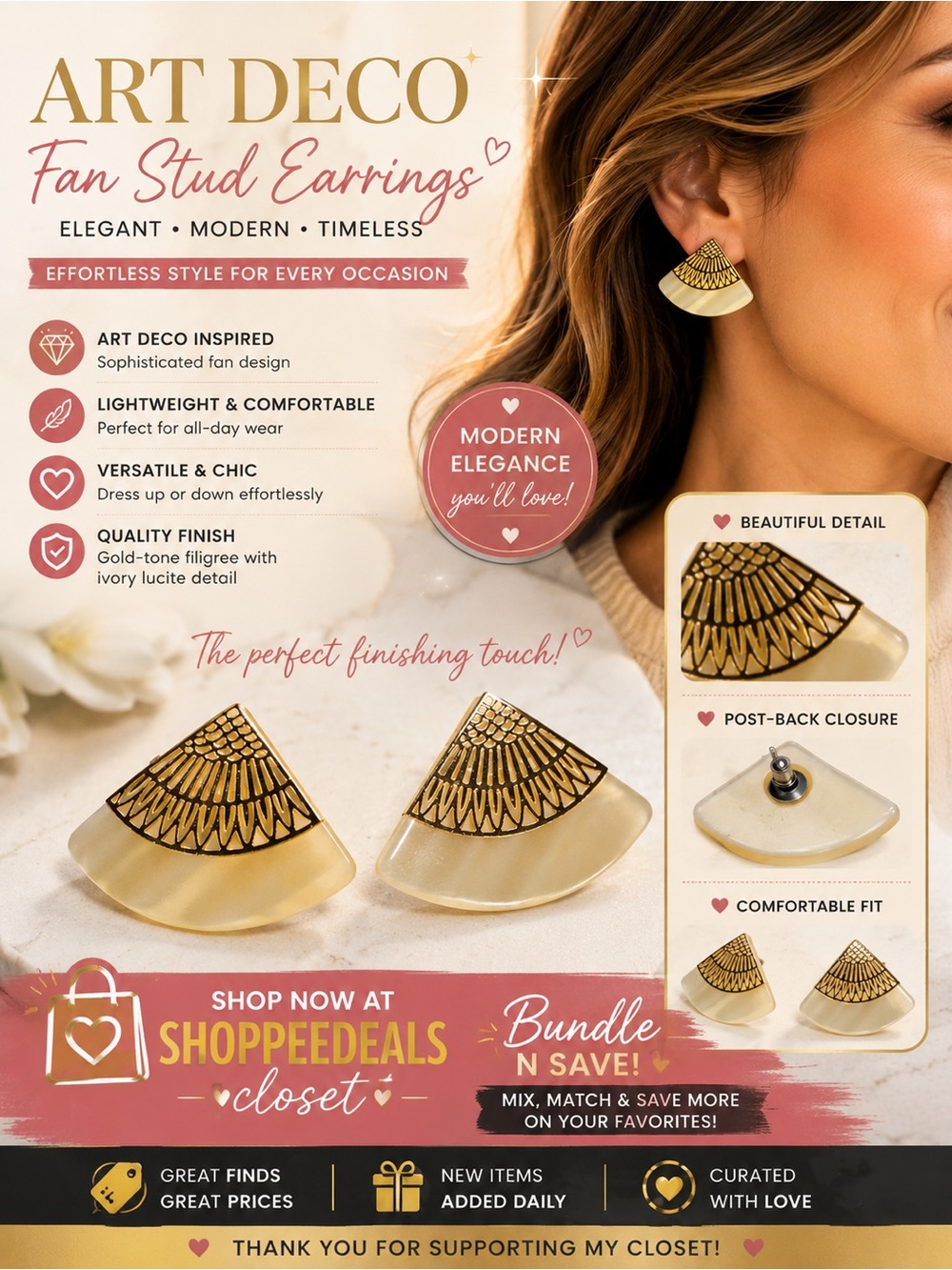 Art Deco Ivory Lucite Fan Stud Earrings Gold Tone Geometric Statement Jewelry